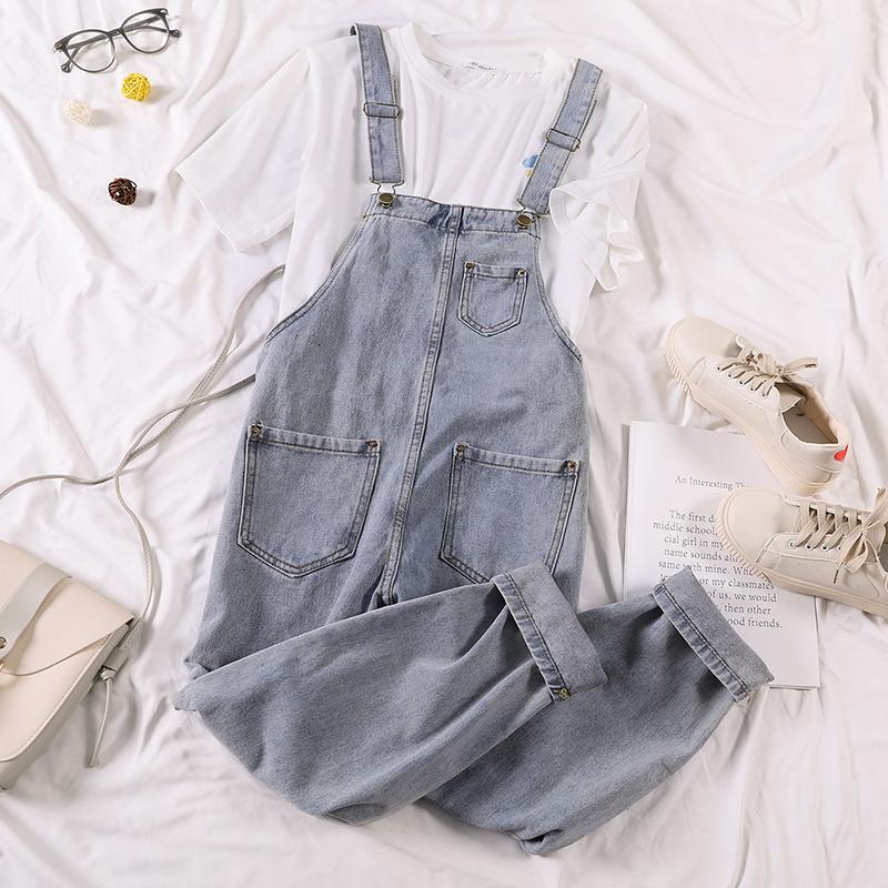 Younger denim Strapless female Korean loose student autumn Harem Pants show thin pants suspenders 2020 new style