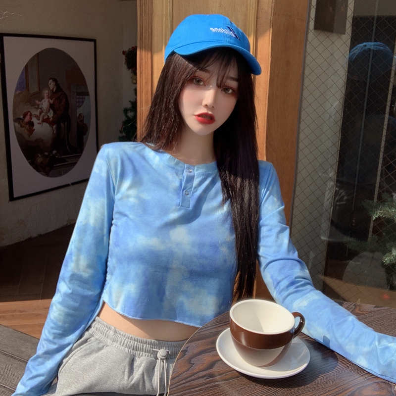 Tie dyed 6535 Cotton Retro women's soft high waist exposed navel short slim tie dye long sleeve T-shirt round neck fashion