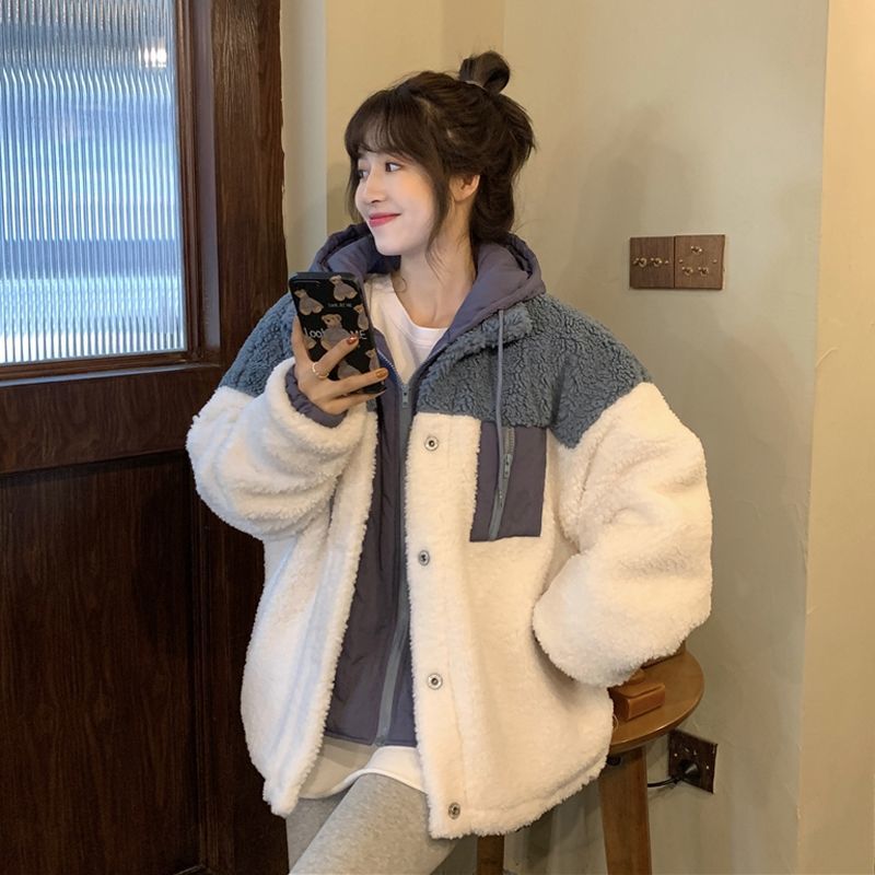 Winter cotton dress female Korean student loose large imitation lamb wool stitching fake two piece hooded thickened cotton coat