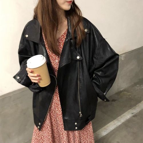 2020 Han Fan kushuai versatile leather coat loose Lapel bat sleeve Hong Kong Style Long Sleeve locomotive black coat women's autumn