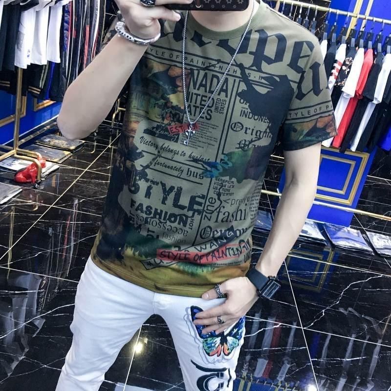 Europe station printed short sleeve t-shirt men's fashion brand new men's hot drill half sleeve T-shirt in summer