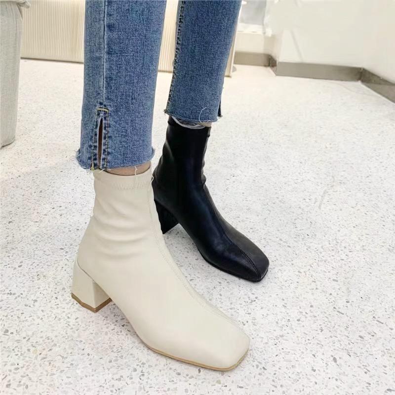 Autumn and winter Korean version simple and versatile elastic boots thick heel high heels medium heel square head short boots Knight boots women's boots fashion