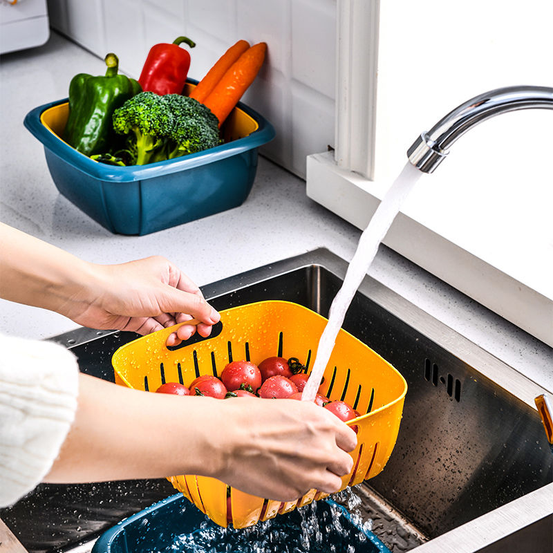 Double layer drain basket, kitchen, fruit washing, multi-functional vegetable fresh-keeping box, refrigerator storage box, transparent belt, mesh red