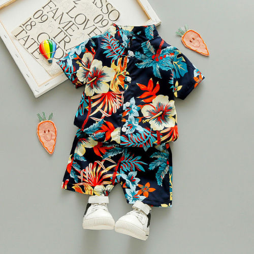 Boys' summer short sleeve Floral Shirt Shorts Set children's holiday beach wear casual pants fashionable European and American printed shirt