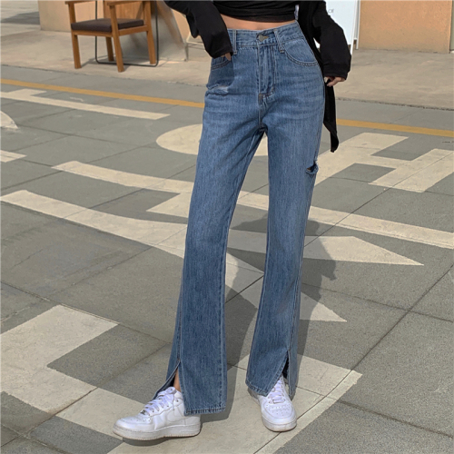Real price! Korean chic thin jeans with holes and wide legs