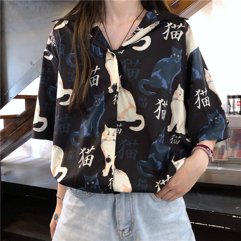 Live video cat printed shirt loose and versatile top trend