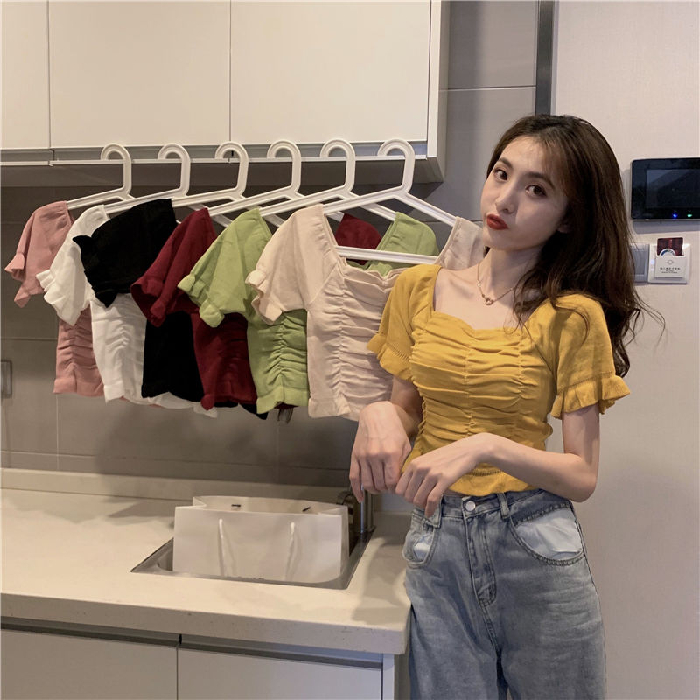 New French square collar design in summer 2020 small mind short top slim short sleeve knitted T-shirt for women