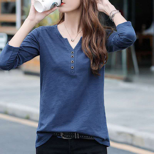 Bamboo Cotton autumn new Korean loose V-neck button long sleeve T-shirt women's large cotton white half sleeve top