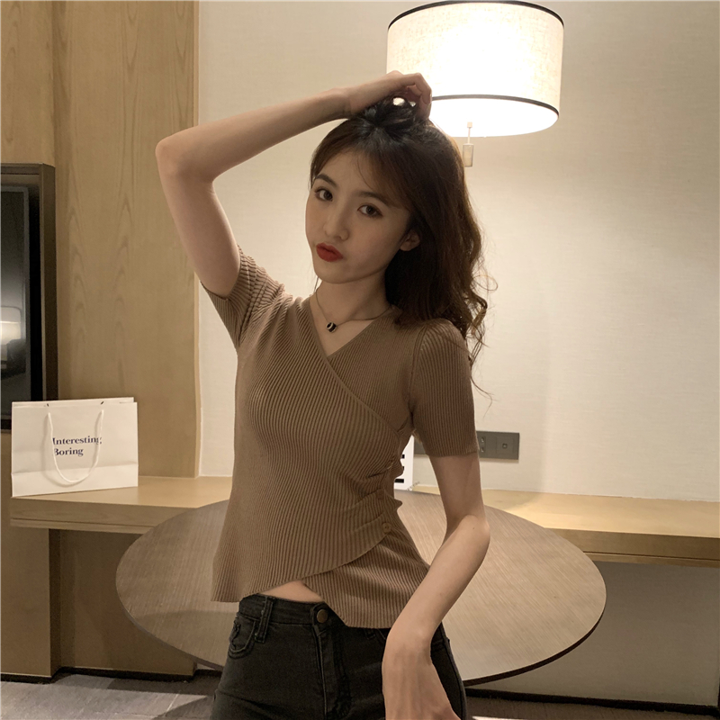 Real photo real price new Hong Kong Style collar sexy slim knit short sleeve T-shirt