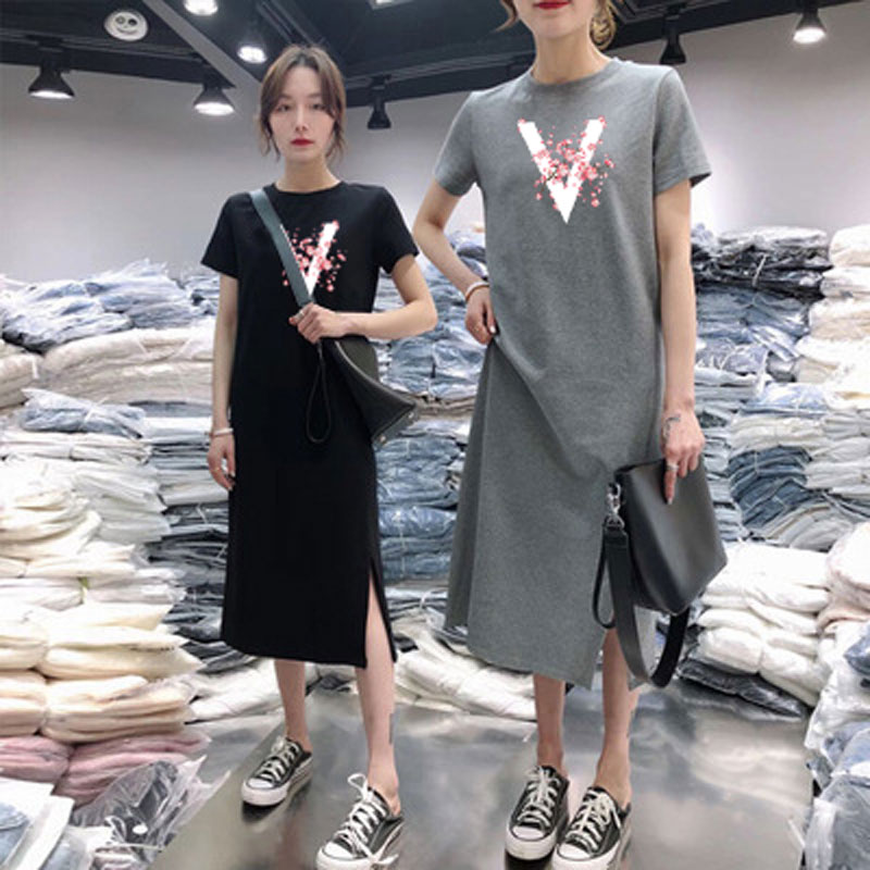 Korean summer leisure large size women 2021 medium length over knee T-shirt skirt women's dress long skirt loose summer dress