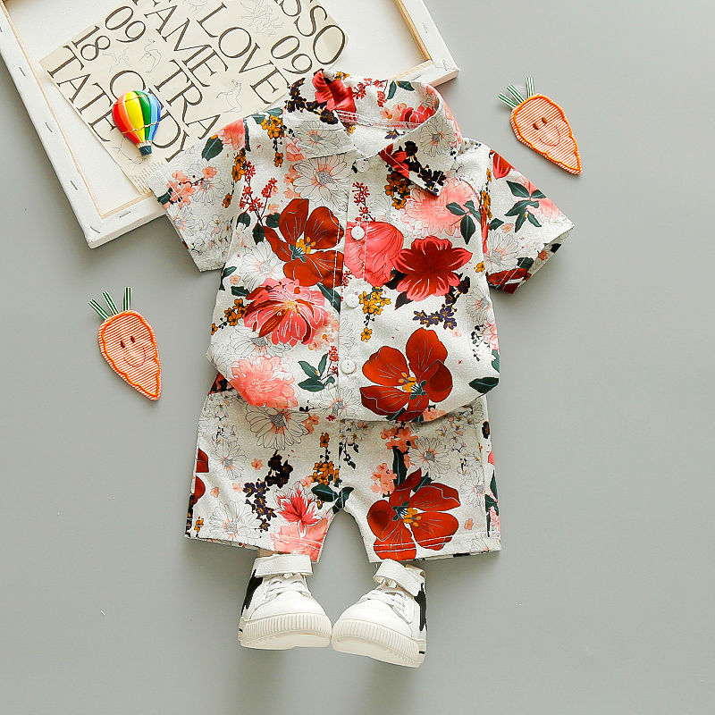 Boys' summer short sleeve Floral Shirt Shorts Set children's holiday beach wear casual pants fashionable European and American printed shirt
