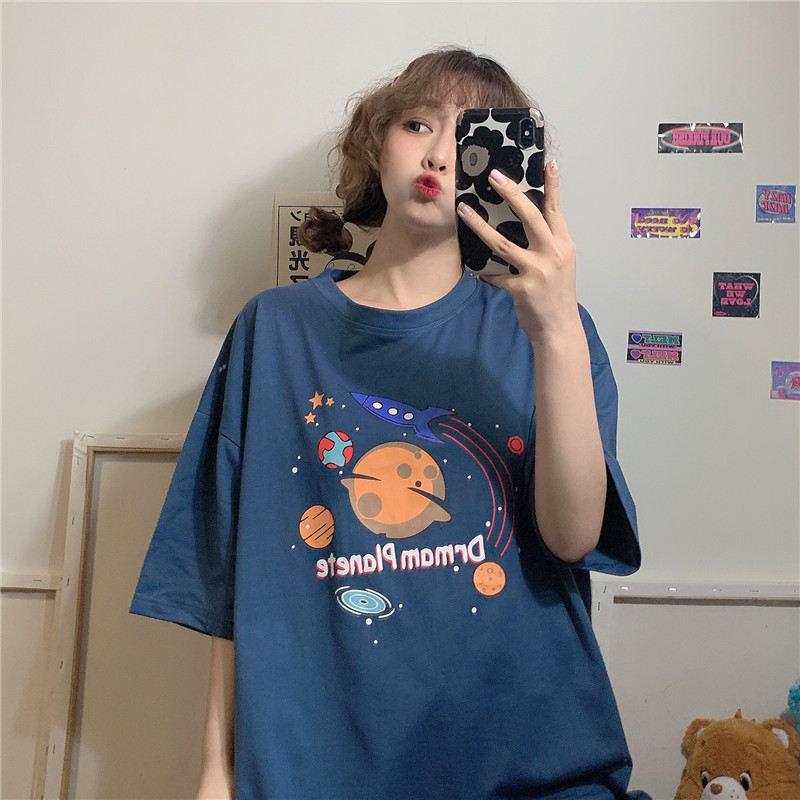 Real shot foreign style short sleeve T-shirt women's large summer dress Korean loose retro Hong Kong style student top