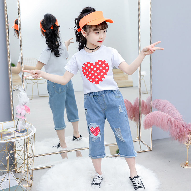 Girls' summer net red suit 2020 summer new sport style denim shorts