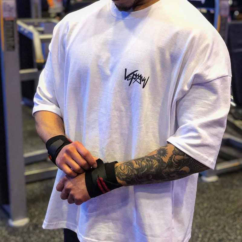 Loose size sports short sleeve men's muscle brother cotton half sleeve fitness T-shirt running training clothes casual top