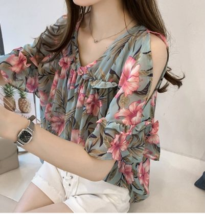 Sweet trumpet sleeve bottom coat new print off shoulder chiffon shirt women's loose belly covering baby shirt