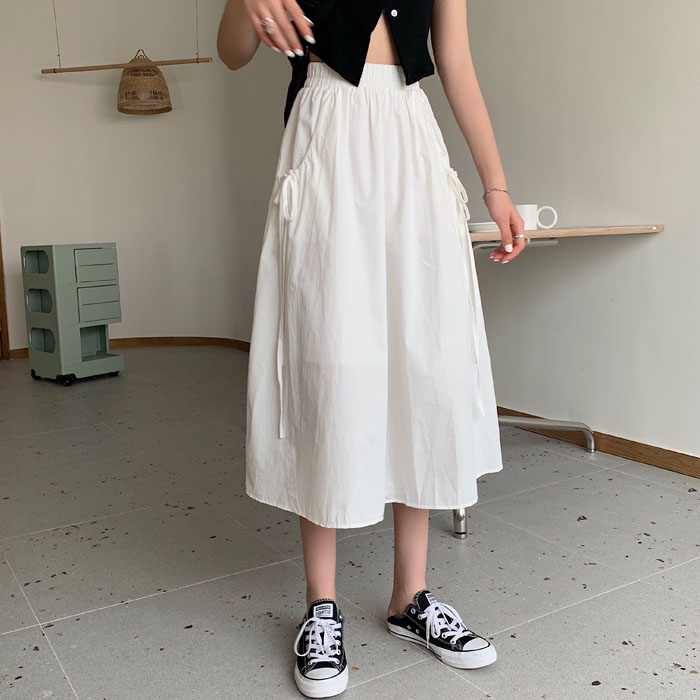 Real price ~ white skirt summer 2021 new ribbon high waist A-line skirt mid long skirt style