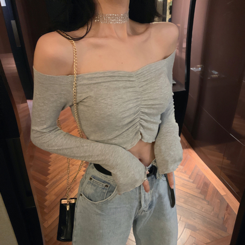 Real price! Summer style off shoulder pleated one shoulder long sleeve off navel short T-shirt