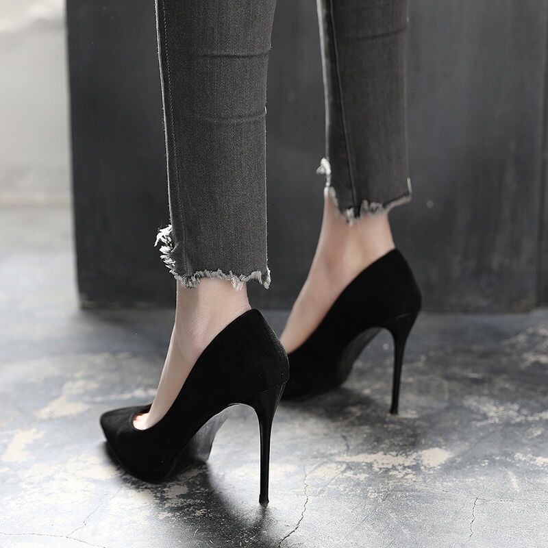 2021 spring and autumn new high heel thin heel pointed shallow mouth women's shoes Korean fashion versatile black 10cm suede single shoes