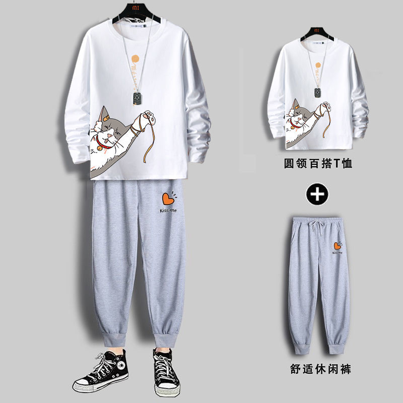 Autumn new long sleeve t-shirt men's sportswear fashion Korean fashion casual loose a set of nine point pants