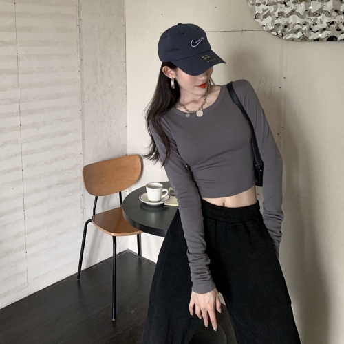 Real shot winter Europe and the United States sexy slim fit with long sleeve bottoming shirt solid color short T-shirt women's high waist exposed navel top fashion