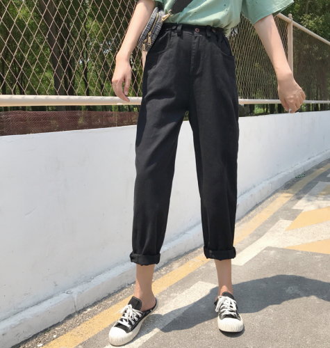 Real-time loose jeans women walk with wind ~ buttons adjustable high-waist radish pants rice white/black