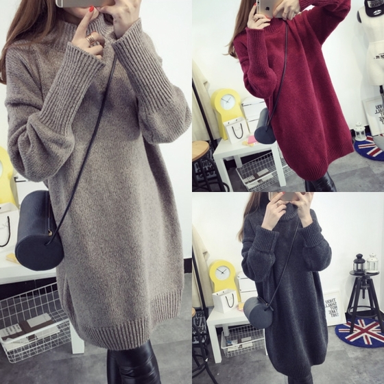 High-collar sweater, pullover, mid-long, loose and thicker winter sweater skirt, bottom shirt