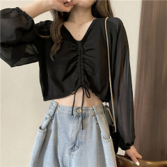Real price real shot Korean version T-shirt women's solid color drawstring slim and navel exposed V-Neck long sleeve top