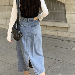Real price denim skirt women's mid length spring versatile A-line skirt high waist show slim skirt trend