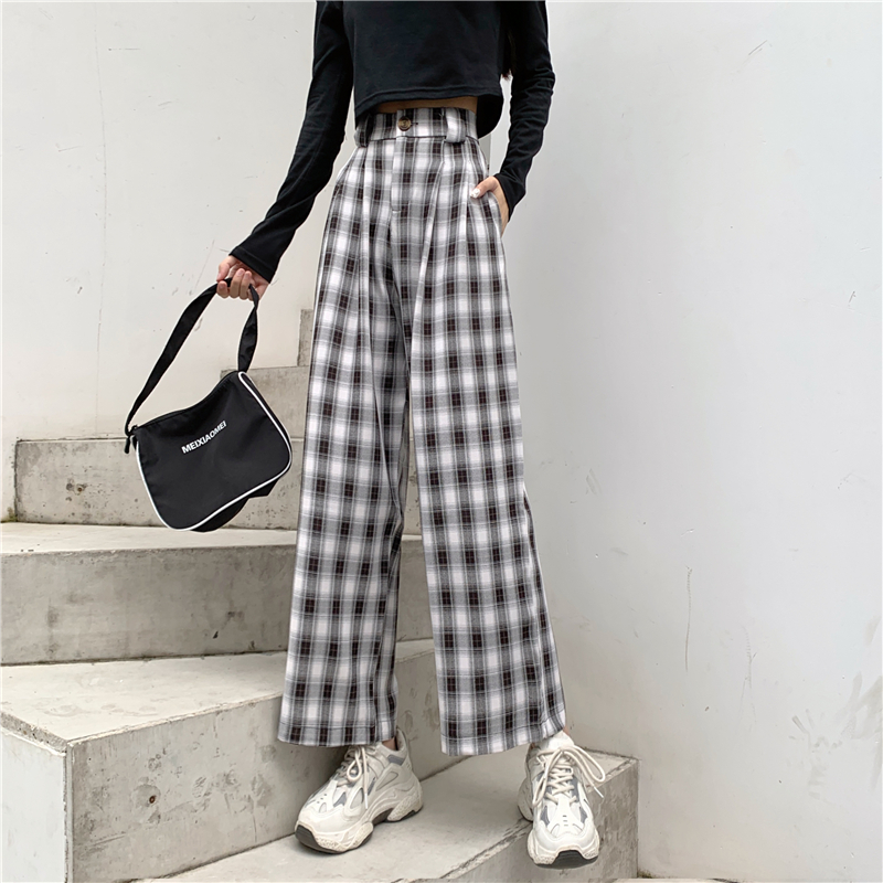 Real shot large size Plaid wide leg pants women's spring style loose vertical tube floor dragging casual pants fashion
