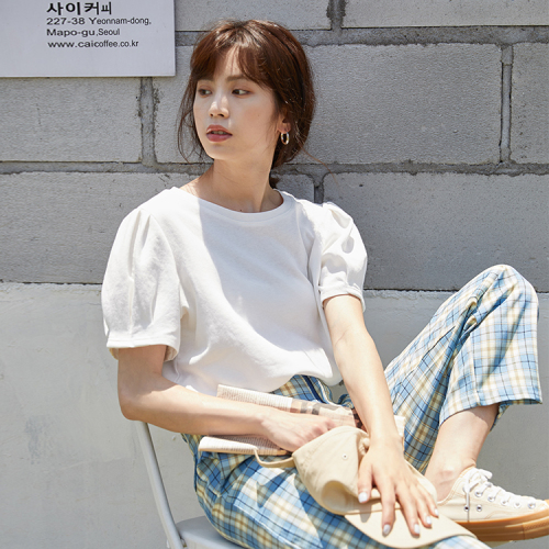 Real shot  summer new Korean women's short sleeve T-shirt women's top bubble sleeve half body thin T-shirt