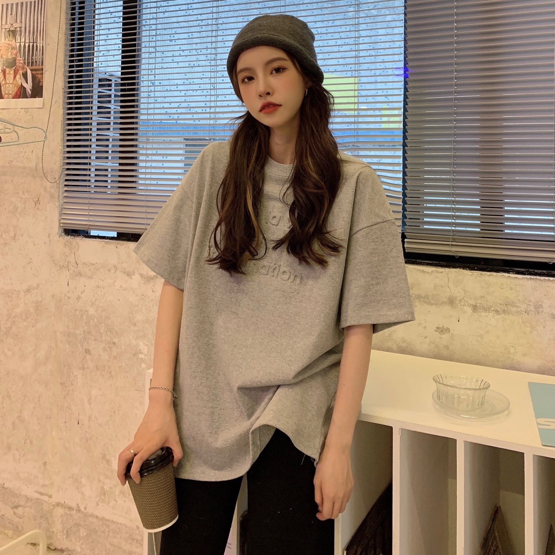 Real shot real price spring Korean loose casual BF personalized letter thickened bottoming shirt women's Short Sleeve T-Shirt