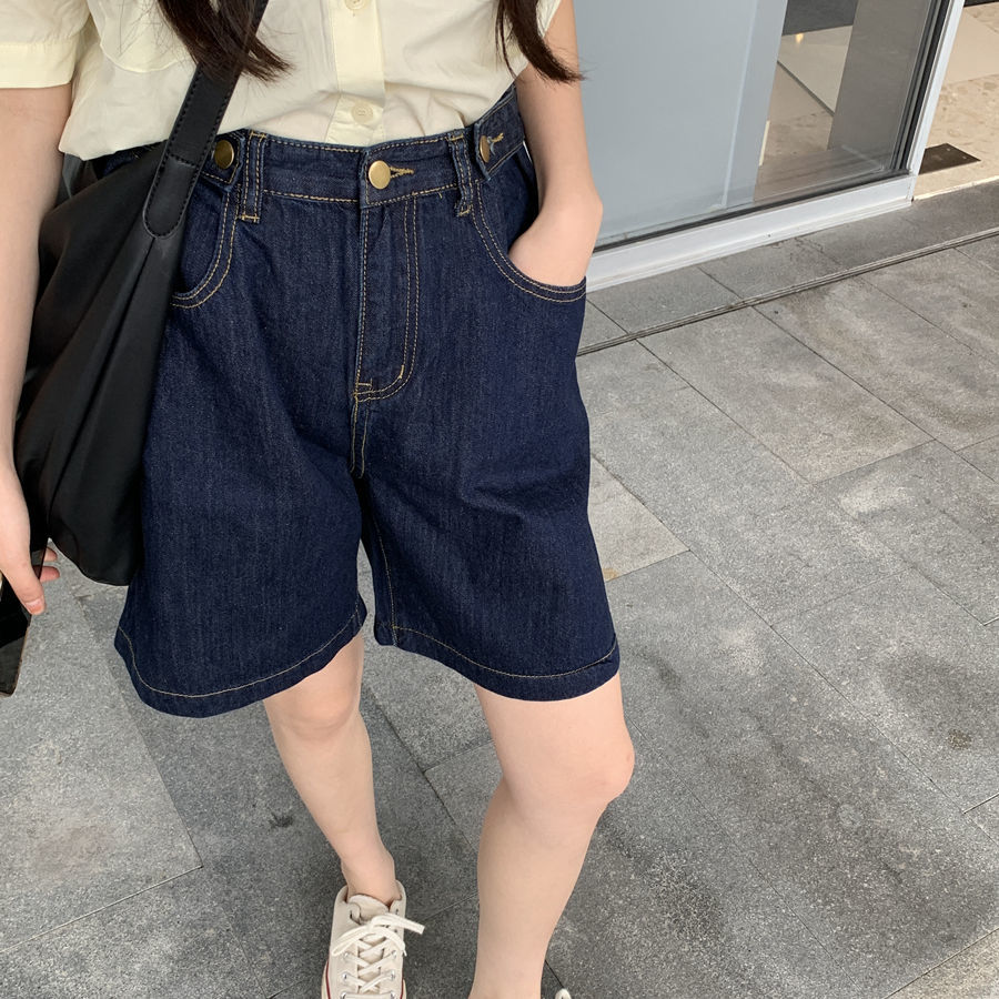 Hong Kong style straight tube loose high waist 5-point shorts women's summer new slim versatile A-line wide leg denim pants