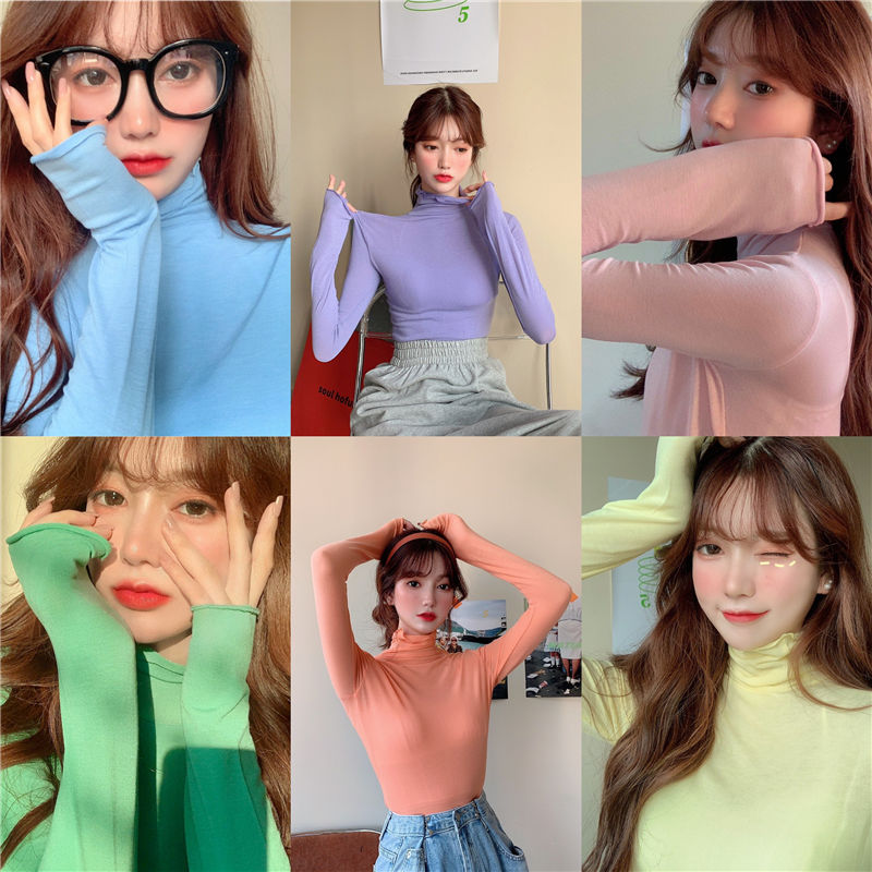 Avocado green T-shirt for women's spring new pile collar long sleeve T-shirt for female students