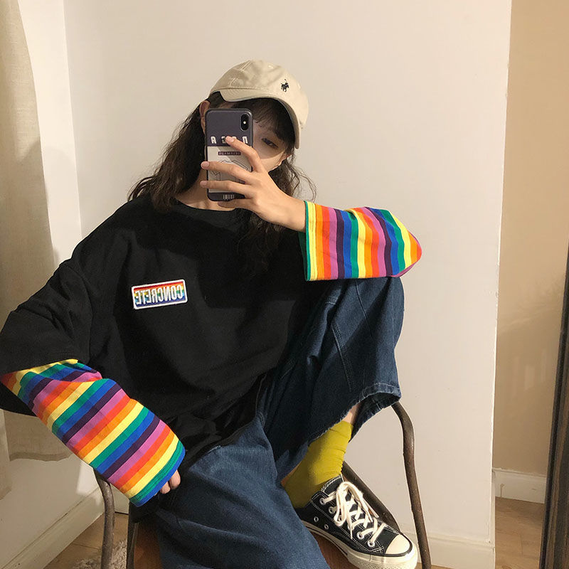 Spring and Autumn New Rainbow Stripe fake two long sleeve T-shirt for female students