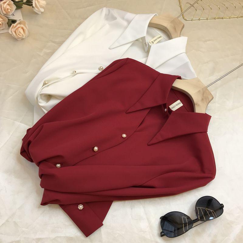 Spring Korean version long sleeve Lapel hollow silk chiffon shirt