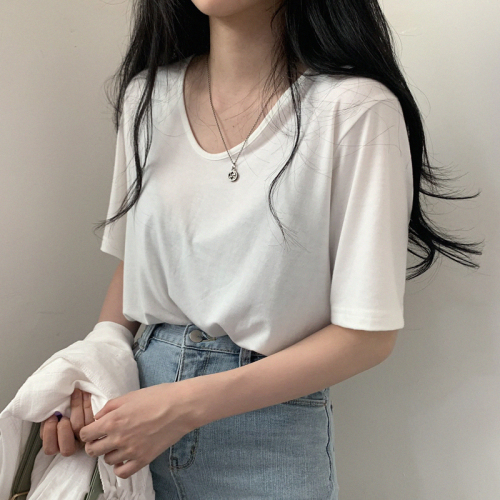 Korean chic summer basic solid versatile loose round neck slim short sleeve T-shirt