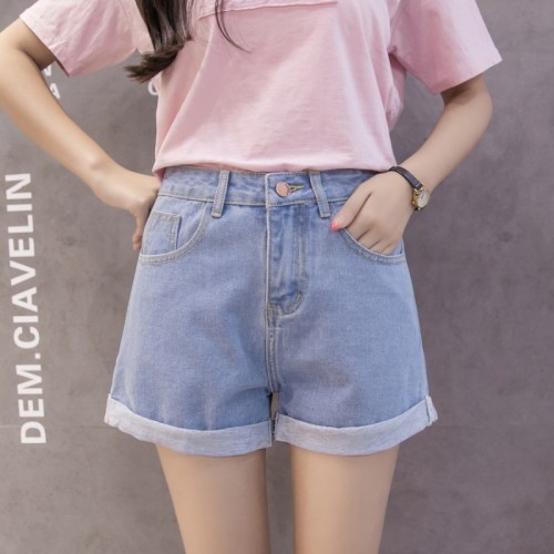 Summer high-waist Jeans Shorts female loose-edged wide-legged pants large size holes show thin A-shaped hot pants Korean version students