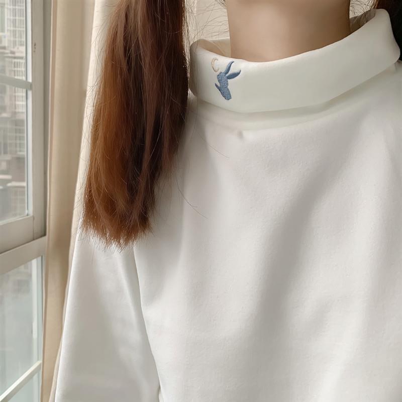 Plush autumn and winter lovely embroidered high collar bottomed top versatile t-shirt female soft girl long sleeve ins top students' warm trend