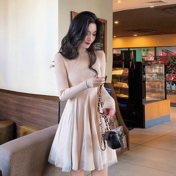 Autumn and winter dress small splicing mesh long sleeve Plush high waist show thin temperament A-line bottom skirt