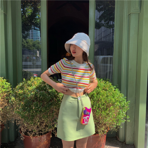 Actual Pink-green Girl Spring Rainbow Stripe Short Top Wool Knitting Woman
