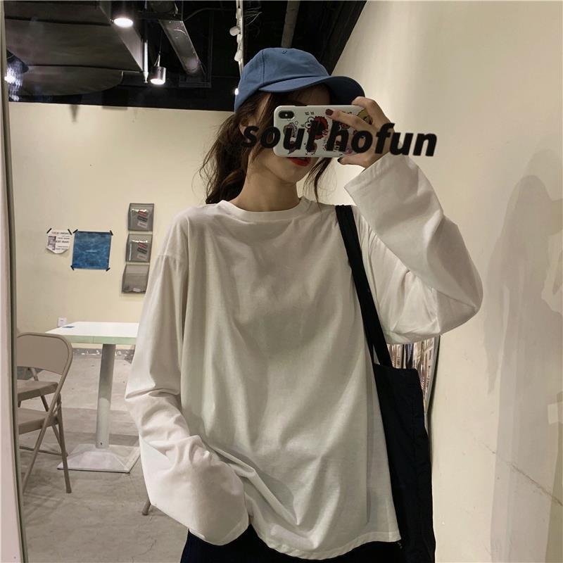 Plush White T-Shirt Korean autumn new loose long sleeve bottom coat thin long sleeve white T-shirt
