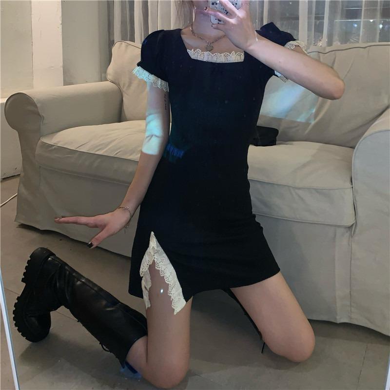 Lace split temperament black square neck short sleeve dress women's slim short skirt in summer new skirt
