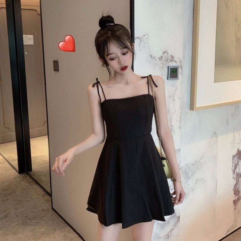 New dress women's summer one line collar sexy versatile solid color suspender short skirt slim bag hip small black skirt