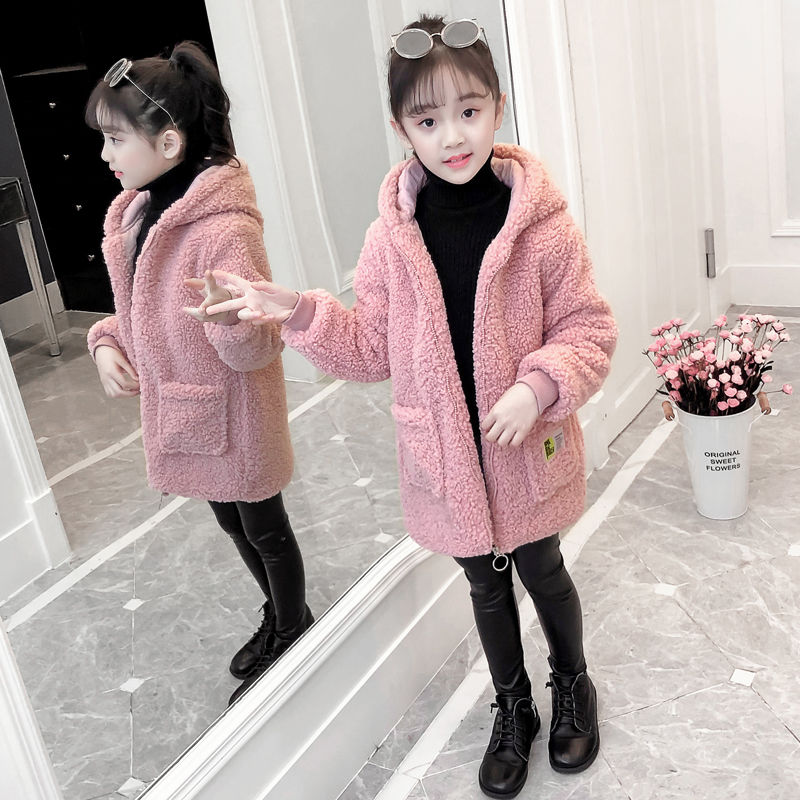 Boys and girls' spring autumn winter coat thin medium length 2020 new Korean lamb fluffy coat middle and large children's jacket