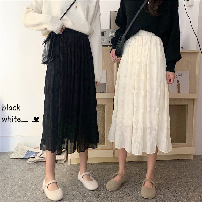 2020 new spring and summer French super fairy Korean High Waist Chiffon Skirt women's medium length pleated A-line skirt