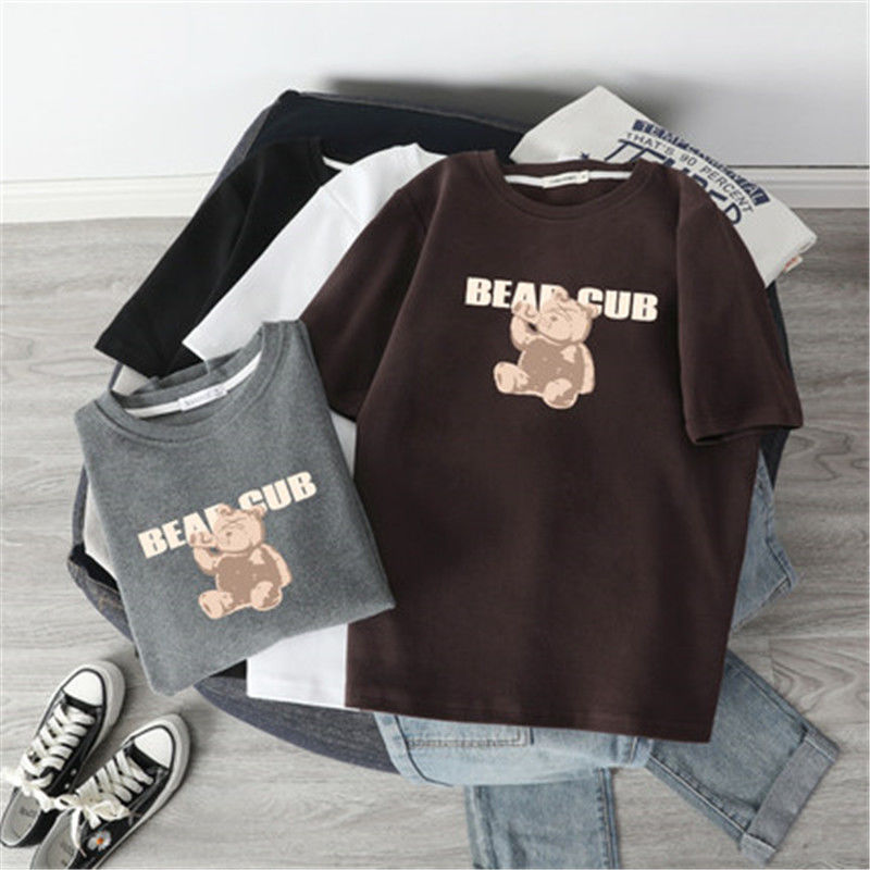 South Korea dongdamen thickened half sleeve T-shirt women's 2020 new autumn and winter ins Cartoon Bear short sleeve shirt