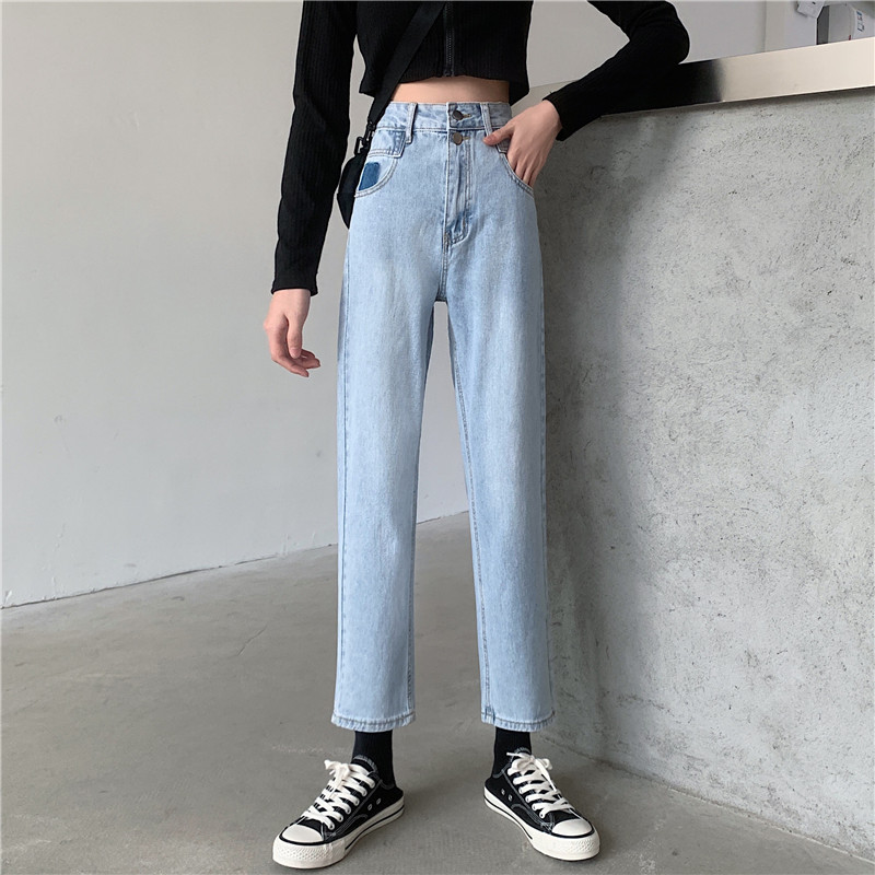 Real shot light color versatile show thin regular straight pants button loose high waist show high pants