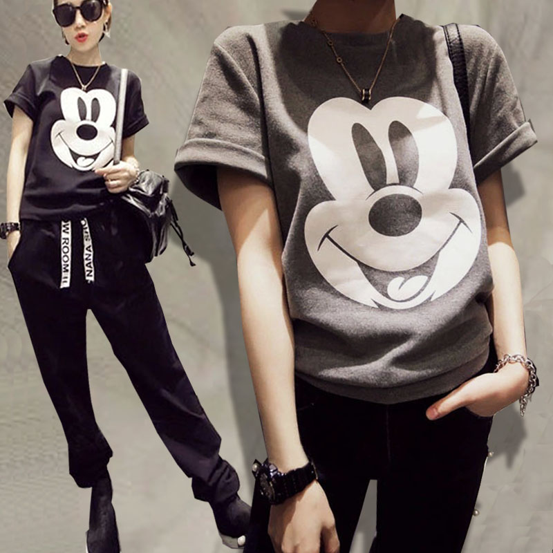 [thickened cotton] Mickey short sleeve T-shirt women's cotton spring and summer cartoon loose large size solid color base shirt