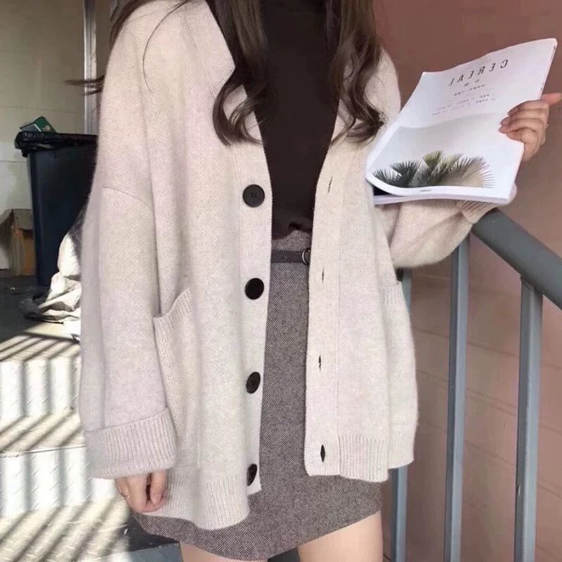 T-shirt Jacket Women's Korean version loose and lazy style V-Neck long sleeve sweater cardigan foreign style big pocket shawl