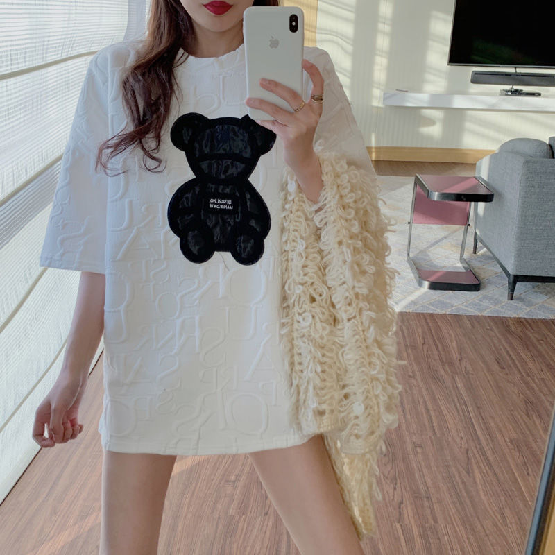 Thickened half sleeve T-shirt women's spring and autumn 2021 new Korean loose large base shirt medium length short sleeve top